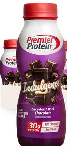 lot 1159 image: Premier Protein Shake INDULGENCE, Decadent Dark Chocolate, 30g Protein, 170 Calories, 3g Sugar, 11.5 fl oz, 4 pack (BB FEB.19.26) - Retail $35