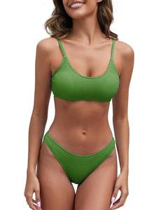 lot 1173 image: Fanuerg Womens Ribbed Bikini Sets Scoop Neck Cheeky Swimsuit Textured Two Piece Bathing Suit Army Green XS - Retail $30