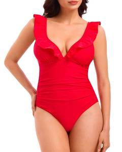 lot 1188 image: SINGNIER Womens Ruffled V Neck One Piece Swimsuit High Cut Tummy Control Ruched Slimming Bathing Suits Swimwear, Red and XL - Retail $21