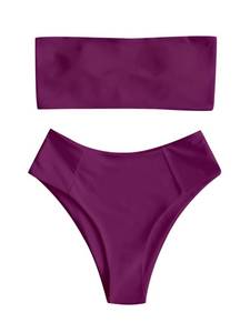 lot 1207 image: ZAFUL Womens High Cut Bandeau Bikini Set Strapless Solid Color 2 Pieces Bathing Suit Swimsuit (0-Purplish Red,M) - Retail $33