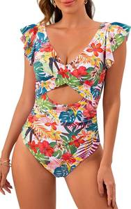 lot 1217 image: B2prity One Piece Swimsuits for Women Ruffle Sleeve V Neck Bathing Suit Tummy Control Cutout Monokini Slimming Swimwear, M - Retail $27