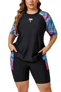 lot 1236 image: Halcurt Womens Plus Size Short Sleeve Swimsuit Rash Guard with Bra Two Piece Boyleg Shorts Palm 3X - Retail $38