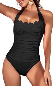 lot 1251 image: Eomenie Women One Piece Tummy Control Swimsuit Halter Scallop Trim Bathing Suits 1 Piece Vintage Ruched Slimming Swimwear Black Small - Retail $37