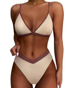 lot 1263 image: SUUKSESS Women Triangle High Cut Bikini Sets Sexy High Waisted Color Block Two Piece Swimsuits Push Up Bathing Suits(Beige Brown,S) - Retail $34
