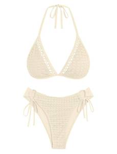 lot 1278 image: AFUL Womens Halter Triangle Bikini Set Crochet Boho Floral Swimsuit Cut Out Tie Side Two Piece Bathing Suit Apricot L - Retail $33