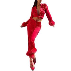 lot 1292 image: NUFIWI Stain Long Sleeve Button Down Pajamas Suit with Feather Trim Solid Color Sleepwear Set 2022 Summer Fashion Nightwear Red small