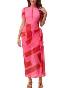 lot 1293 image: Muslim Swim Suits for Women 2025 Bathing Suit with Sarong Set One Piece Swimsuit Rash Guard Modest Swimwear for Women Muslim with Skirts Shorts for Surfing Wet Suit Flamingo Short Sleeve XXL - Retail $49