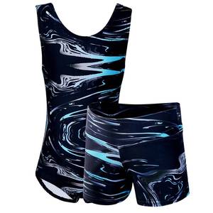 lot 1294 image: Dancina Set Girls Gymnastics Apparel Leotard and Shorts Size 16 Black Blue - Retail $33