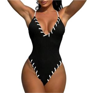 HYTNESUN Womens Sexy One Piece Swimsuit V Neck Ribbed Bathing Suit Cheeky String Tummy Control Swimwear High Cut Swim Suits 2026 Black XL