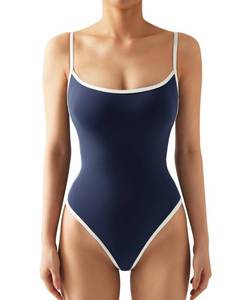 lot 1335 image: SUUKSESS Women Sexy Square Neck Thong Bodysuit Backless Sleeveless Basic Cami Body Suit Top (Navy Blue-white, M)