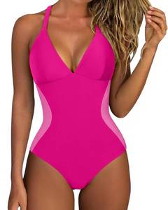 lot 1346 image: SUUKSESS Women Slimming Tummy Control One Piece Swimsuit Sexy V Neck Push Up Bathing Suit Crisscross Back Swimwear (Pink Color Block,M)