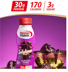 lot 1359 image: Premier Protein Shake INDULGENCE, Decadent Dark Chocolate, 30g Protein, 170 Calories, 3g Sugar, 11.5 fl oz, 4 Pack (BB FEB.18.26)