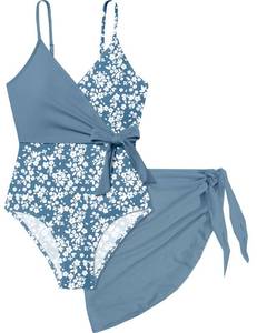 lot 1367 image: Tomolant Girls Bathing Suits Size 8-10 One Piece Swimsuit Blue Floral Print with Adjustable Straps GirlsSwimwear with Cover Up