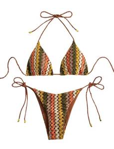 lot 1371 image: ZAFUL 2 Piece Triangle Bikini for Women Knitted Rope Halter Bikini Sets Sexy Bathing Suit Side Tie Swimsuits Beachwear Brown S
