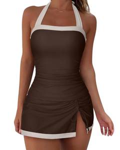 lot 1387 image: SUUKSESS Women Sexy Two Piece Tummy Control Tankini Swimsuit Halter Neck Slimming Swimwear 2025 Color Block Backless Bathing Suit (Beige Brown,Small)