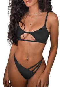lot 1392 image: ZAFUL Womens Sexy Cutout Bikini Thong Bikini Set Tie Back Two Piece Swimsuit Bathing Suit (0-Black,XL)