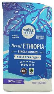 lot 1395 image: Whole Foods Market, Decaf Ethiopia Single Origin Whole Bean Coffee, Medium Roast, Cocoa Powder, Raw Honey & Dried Berries, 12 Ounce
