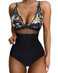 lot 1424 image: SUUKSESS Women Slimming Tummy Control One Piece Swimsuits Sexy Mesh High Waisted Monokini Bathing Suits (Black-Pink Floral, M)