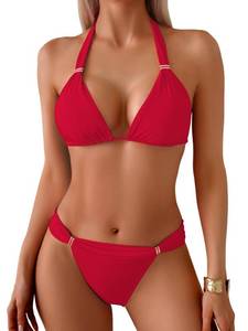 lot 1438 image: TASHEHE Womens Triangle Ruched Bikini Set Sexy Two Piece Swimsuit Halter Sliding Rings Bathing Suit - 508  Red - X-Large