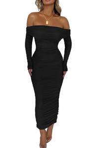 lot 1447 image: PRETTYGARDEN Womens Fall Off Shoulder Maxi Bodycon Dress Long Sleeve Ruched Fitted Club Dresses with Slit (Black,Large)