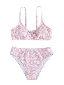 lot 1450 image: OYOANGLE Girls 2 Piece Ditsy Floral Bikini Swimsuit Ring Linked Ruched Bathing Suit Light Pink 12-13Y