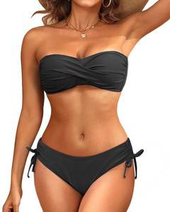 lot 1462 image: Womens Black Strapless Bandeau Bikini Set - Twist Front Two Piece Swimsuit Top with Side Tie Bathing Suit Bottom XL