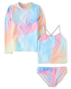 lot 1470 image: The Childrens Place,Girls,Long Sleeve Rashguard and Tankini Swimsuit, 3 Piece Set,Rainbow Blue,Large