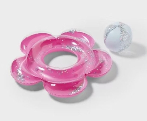 lot 1480 image: Pink Flower Shaped Pool Float with Glitter with Beach Ball