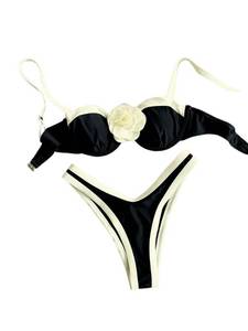 lot 1487 image: Womens Elegant Color-Blocked 3D Floral High-Waisted Beach Bikini Two-Piece Swimsuit Vacation Beachwear (Black,Medium)