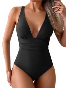 lot 1538 image: Eomenie Women One Piece Swimsuit Tummy Control Bathing Suit V Neck Slimming 1 piece Swimwear Black 2X
