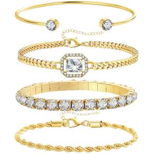 lot 1543 image: 4 Pcs Dainty Golden Silver Bracelets Set for Women 14K Plated Link Cubic Zirconia Paperclip Stake Layering Chain Adjustable Trendy Hand Jewelry