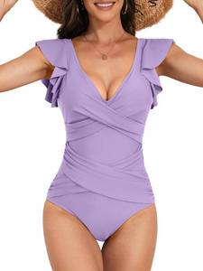 lot 1559 image: B2prity Womens One Piece Swimsuit Ruffle Slimming Tummy Control Bathing Suit Criss Cross High Waist 1 Piece Swimwear Light Purple medium