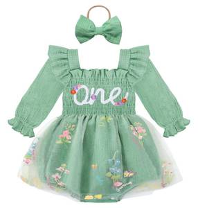 lot 1571 image: HONGTEYA Baby Girl 1st Birthday Outfit First Birthday Gifts Long Sleeve Tulle Dress One Year Old Bodysuit Clothes (US, Age, 18 Months, 24 Months, Green)