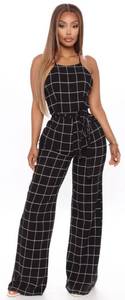 lot 1590 image: See you Monday Black Grid Print Wide Leg Jumpsuit Medium