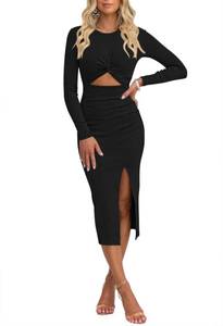 lot 1593 image: Pink Queen Womens Crew Neck Long Sleeve Midi Dress Cutout Twist Ruched Party Cocktail Bodycon Slit Knit Dresses Black S