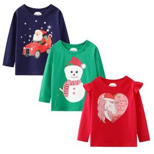 lot 1601 image: Toddler Girl Long Sleeve Shirts Christmas Ruffle Red Unicorn Green Snowman Cotton Casual Crewneck Jersey Tunic T-Shirts 3 Packs Sets 3T