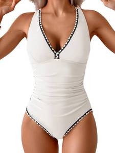lot 1607 image: B2prity One Piece Swimsuit for Women Tummy Control Ruched Bathing Suit Push Up Tie Back Swimwear Shell Stitched White, Black XL