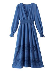 lot 1609 image: Olaesa Long Sleeve Blue Boho Maxi Dress for Women Spring Fall Wedding Guest Dress Lace Boho V Neck Dresses with Pockets Medium