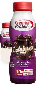 lot 1675 image: Premier Protein Shake INDULGENCE, Decadent Dark Chocolate, 30g Protein, 170 Calories, 3g Sugar, 11.5 fl oz, 4 Pack (BB FEB.18.26)