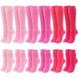 lot 1681 image: 6 Pairs Valentines Pink Slouch Socks for Women Knee High Tube Long Hosiery 80s 90s Hot Pink Neon Scrunch Breathable Socks for Summer Outdoor Sports Valentines Birthday Gifts for Wife Sister Women