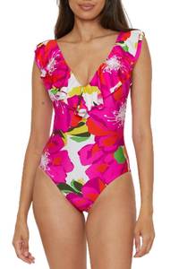 lot 1697 image: Trina Turk Womens Standard Bloom Ruffle One Piece Swimsuit, Plunge V-Neck, Bathing Suits Size 8 - Retail $104