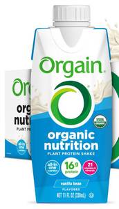 lot 1710 image: Orgain Organic Nutritional Vegan Protein Shake, Vanilla Bean - 16g Plant Based Protein, Meal Replacement, 21 Vitamins & Minerals, Fruits & Vegetables, Gluten Free, Non-GMO, 11 Fl Oz (Pack of 4)