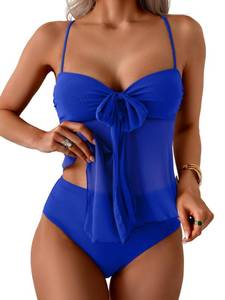 lot 1720 image: B2prity Tankini Swimsuits for Women, Tummy Control Flowy Mesh Tops, High Waisted Bottoms, Coquette 2 Piece Bathing Suits Royal Blue, M
