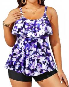 lot 1739 image: Yonique Womens Plus Size Tankini Swimsuits with Shorts Two Piece Bathing Suits Ruffle Swimsuits Tummy Control Swimwear Purple Floral 20W