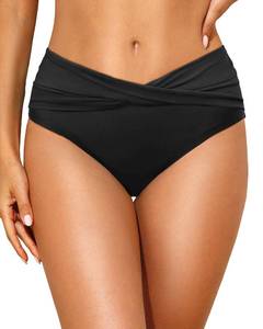lot 1750 image: Tempt Me Women Mid Waist Bikini Bottoms - Black V Cut Bathing Suit Bottoms Twist Front Swimsuit Bottoms Ruched Swimwear 2025 XL
