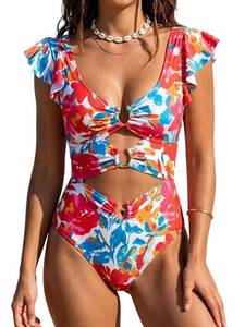 lot 1774 image: B2prity Women One Piece Swimsuit Tummy Control Ruffle Sleeve V Neck Bathing Suit Cutout Sexy High Waisted Monokini Red Floral Large