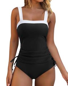 lot 1830 image: RXRXCOCO Women Tankini Bathing Suits Tummy Control Ruched Swimsuits Colorblock Drawstring Swimwear Black and White Medium