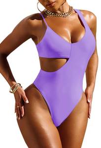 lot 1842 image: Pink Queen Womens High Cut One Piece Swimsuit Cutout Spaghetti Strap High Leg Monokini Bathing Suit Bikinis Purple L