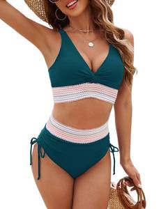 lot 1849 image: Edelqual Womens High Waisted Bikini Sets Tummy Control Swimsuits Two Piece Bathing Swim Suit Bottoms Summer Beach Swimwear Slimming Light Vacation Resort Wear Mom (Blue Green,L)