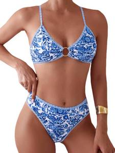 lot 1856 image: Tainehs Women Two Piece Bikini Sets O Ring Front Top Ditsy Floral Triangle Swimsuits Cheeky Bathing Suit XL
